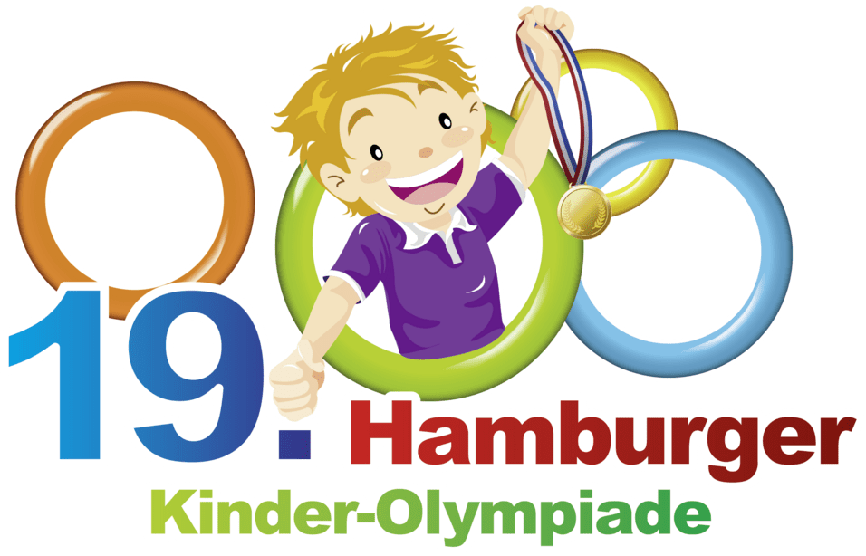 Comic-Stil-Junge mit Goldmedaille in der Hand, umgeben von bunten Ringen, betont die 19. Hamburger Kinder-Olympiade.