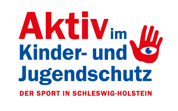 Logo der Initiative "Aktiv im Kinder- und Jugendschutz" mit Hand und Auge, betont den Sport in Schleswig-Holstein.