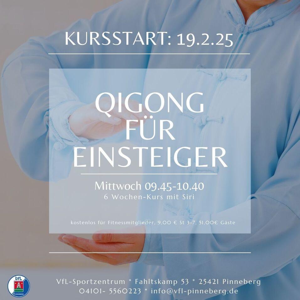 Ankündigung eines Qigong-Kurses für Einsteiger, inklusive Details zu Zeitpunkt und Ort, auf einem hellen Hintergrund.