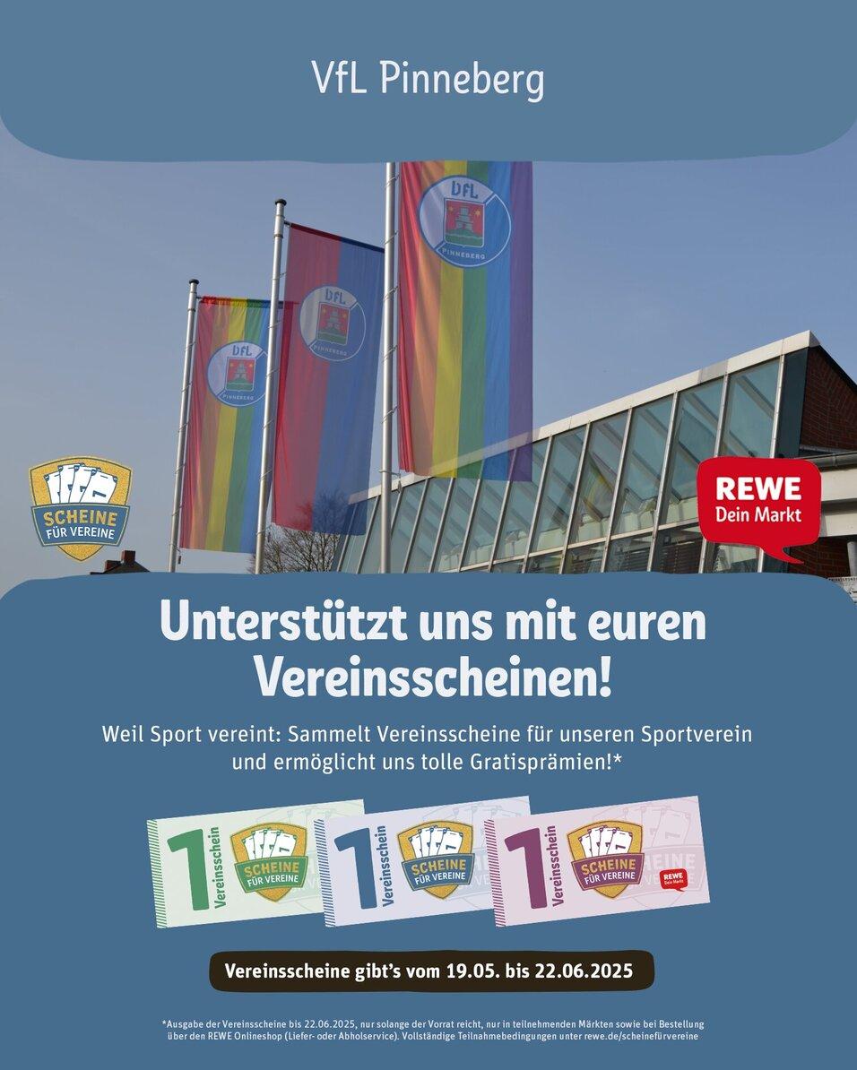Banner für VfL Pinneberg mit Werbeanzeige für Vereinsscheine, darunter drei Scheine im Wert von je 1.