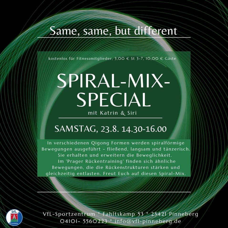 Ankündigung für ein Spiral-Mix-Special mit Qigong-Training, Datum, Uhrzeit und Veranstaltungsort angegeben.