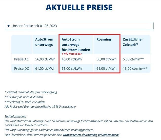 Preisliste für verschiedene Stromtarife, inklusive AutoStrom unterwegs für Stromkunden und Roaming-Kosten.