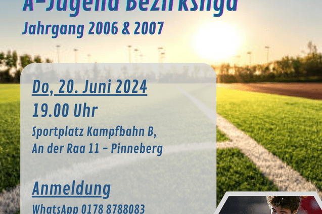 Ank&uuml;ndigung f&uuml;r offenes Training der A-Jugend des VfL Pinneberg, einschlie&szlig;lich Datum, Ort und Kontaktinformationen.