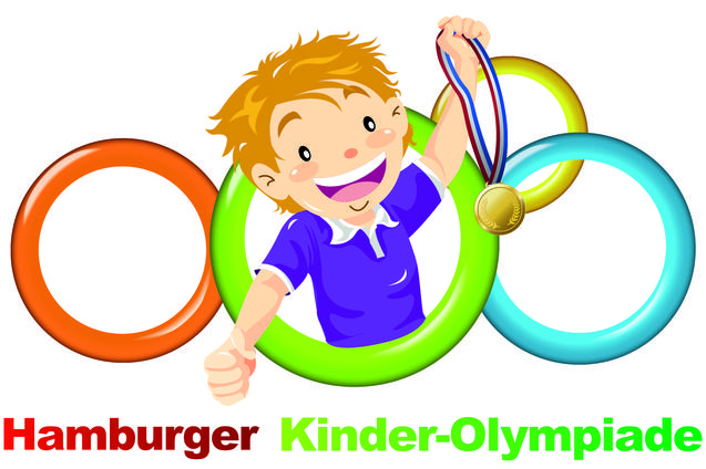Kind mit Medaille lacht durch die olympischen Ringe