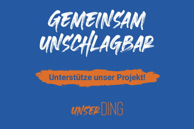 Blaue Grafik mit dem Text &bdquo;Gemeinsam unschlagbar&ldquo; und Aufruf zur Unterst&uuml;tzung des Projekts &bdquo;Schwimmen in neuen Farben&ldquo;.