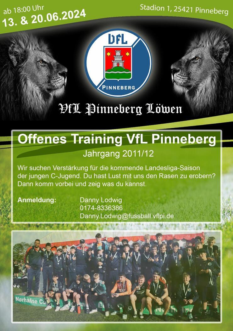 Einladung zum offenen Training des VfL Pinneberg für die C-Jugend mit Kontaktdaten und Termininformationen.