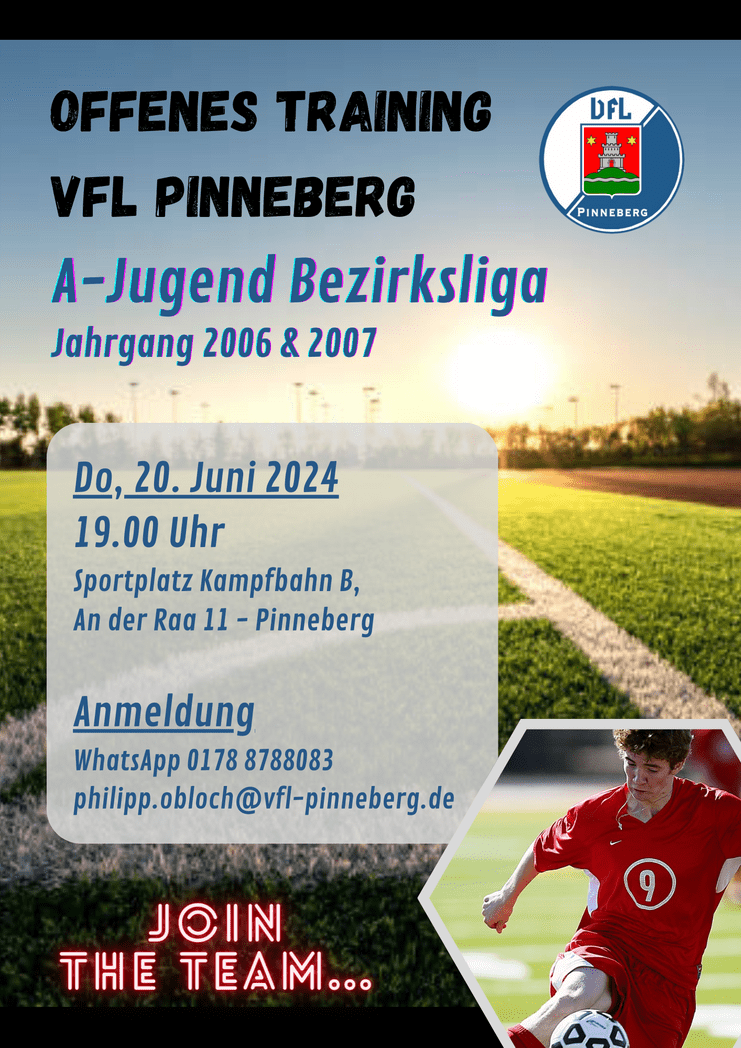 Ankündigung für offenes Training der A-Jugend des VfL Pinneberg, einschließlich Datum, Ort und Kontaktinformationen.