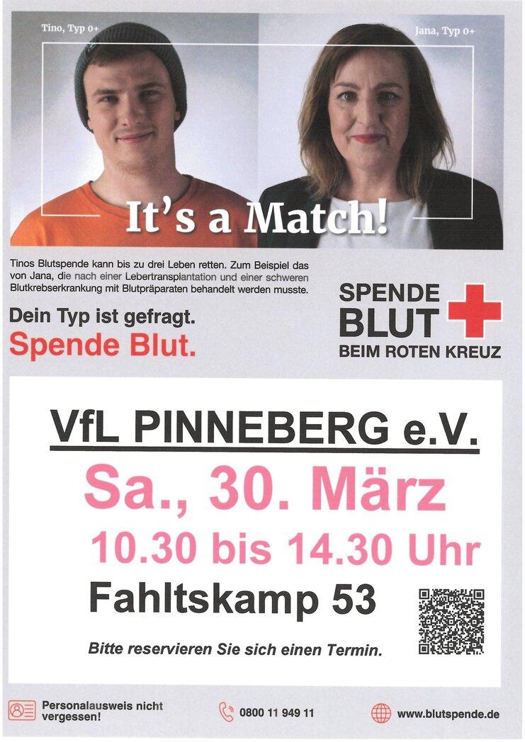 Zwei Personen auf einem Blutspende-Plakat, mit Informationen zu Ort, Datum und Uhrzeit der Blutspendeaktion.