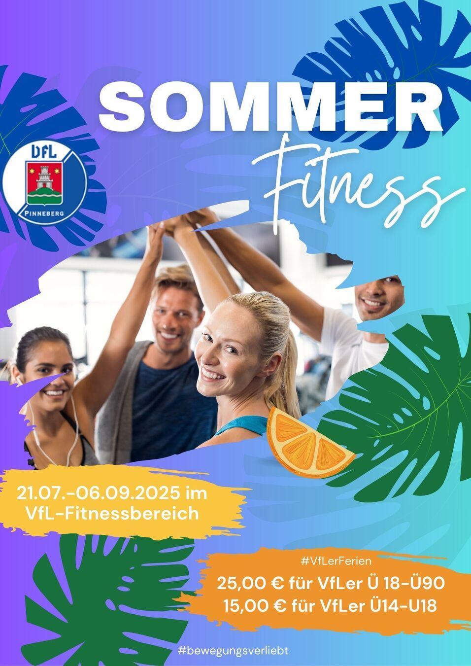Gruppenszene mit lächelnden jungen Erwachsenen während eines Fitnessprogramms im VfL-Fitnessbereich, bunten Grafiken im Hintergrund.
