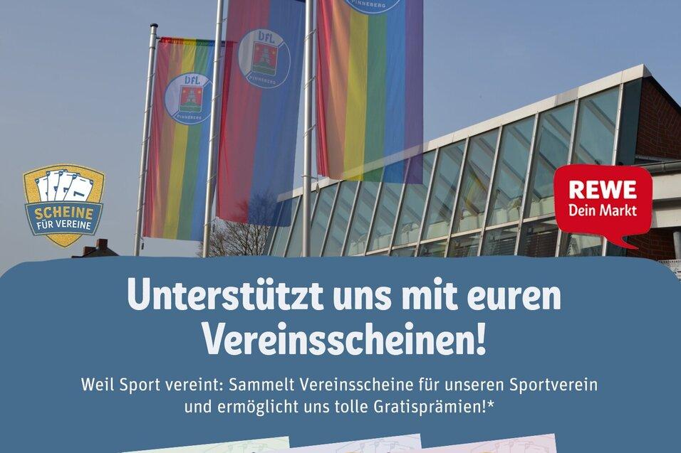 Banner f&uuml;r VfL Pinneberg mit Werbeanzeige f&uuml;r Vereinsscheine, darunter drei Scheine im Wert von je 1.