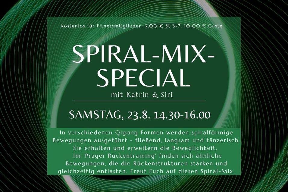 Ank&uuml;ndigung f&uuml;r ein Spiral-Mix-Special mit Qigong-Training, Datum, Uhrzeit und Veranstaltungsort angegeben.