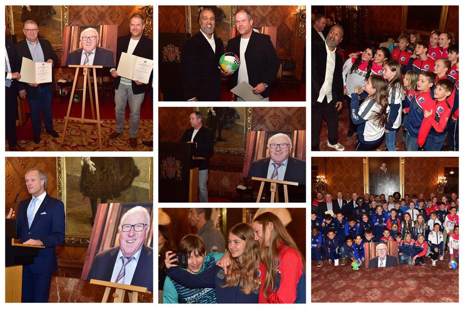 Veranstaltung mit mehreren Personen, Portraitausstellung und Kindern in Sportkleidung beim feierlichen Anlass.