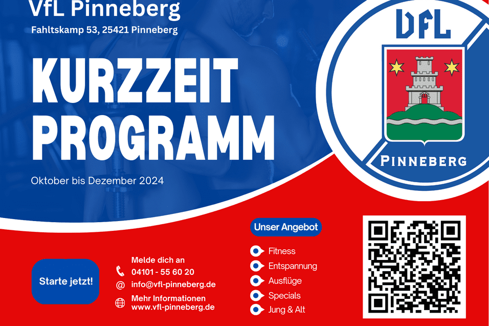 Banner f&uuml;r VfL Pinneberg mit Informationen zum Kurzzeitprogramm von Oktober bis Dezember 2024.