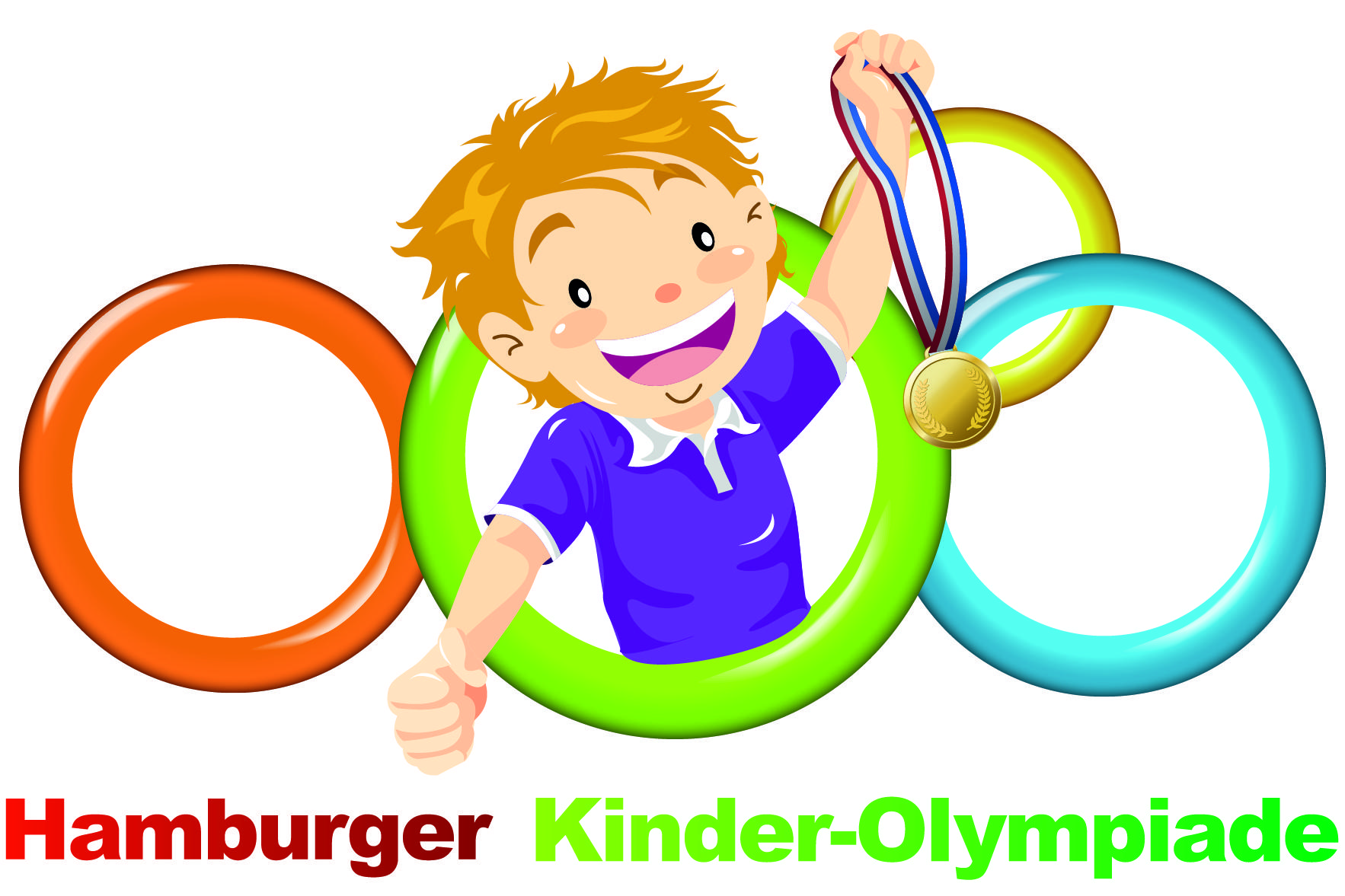 Kind mit Medaille lacht durch die olympischen Ringe