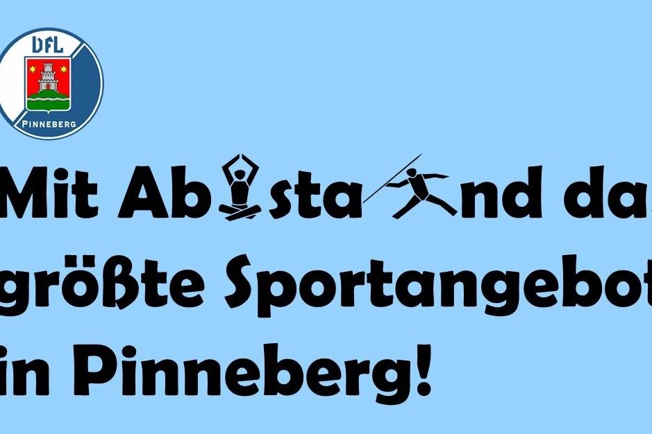 Grafik mit dem DFL Pinneberg Logo und dem Text: &bdquo;Mit Abst&auml;nden das gr&ouml;&szlig;te Sportangebot in Pinneberg&ldquo; auf blauem Hintergrund.