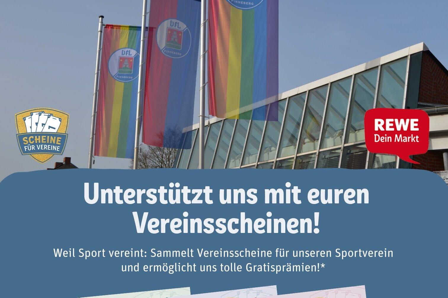 Banner f&uuml;r VfL Pinneberg mit Werbeanzeige f&uuml;r Vereinsscheine, darunter drei Scheine im Wert von je 1.
