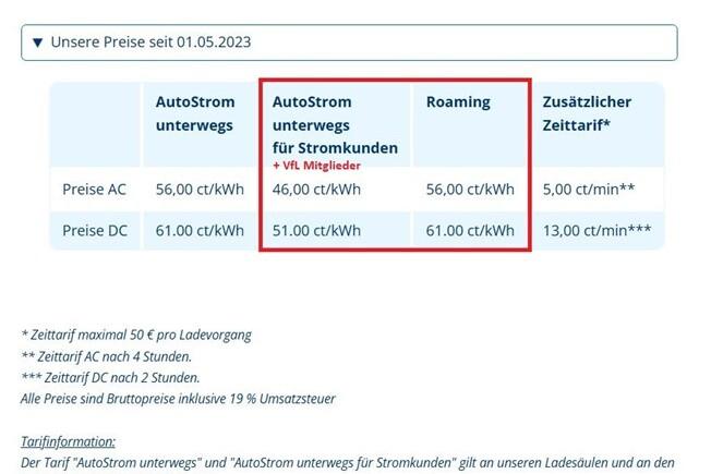 Preisliste f&uuml;r verschiedene Stromtarife, inklusive AutoStrom unterwegs f&uuml;r Stromkunden und Roaming-Kosten.