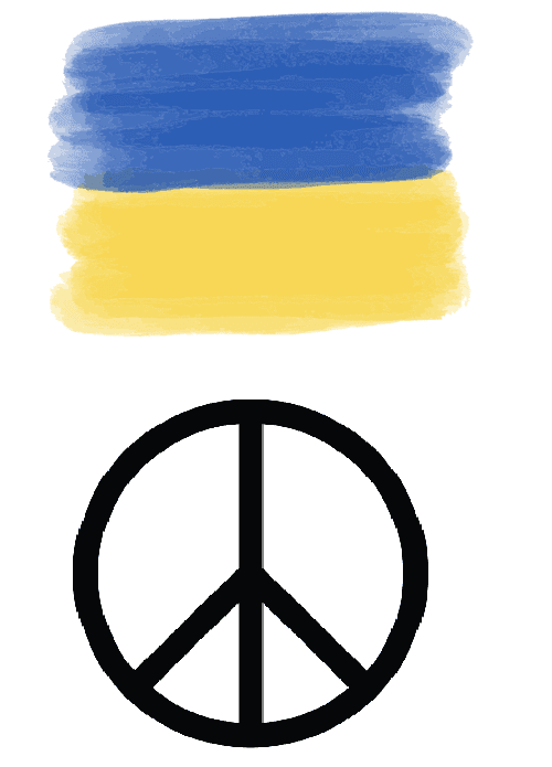 Flagge der Ukraine in Blau und Gelb über einem schwarzen Friedenssymbol.