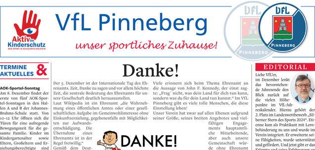 Informationsblatt des VfL Pinneberg mit Terminen, Dankesworten und Ankündigungen zu Veranstaltungen und Blutspenden.