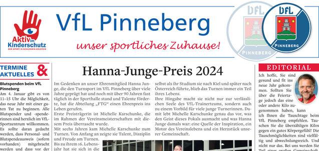 Zeitungsausschnitt des VfL Pinneberg mit Informationen zu Sportveranstaltungen und dem Hanna-Junge-Preis 2024.