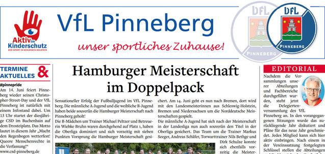 Sonderseite 06/2025 Zeitungsauschnitt des VfL Pinneberg mit Berichten über die Hamburger Meisterschaft, Kinderschutz und Vereinsereignisse.