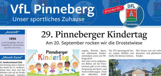 Zeitungsausgabe des VfL Pinneberg mit verschiedenen Artikeln, Terminen und Bildern zu Verein Aktivit&auml;ten und Personen.
