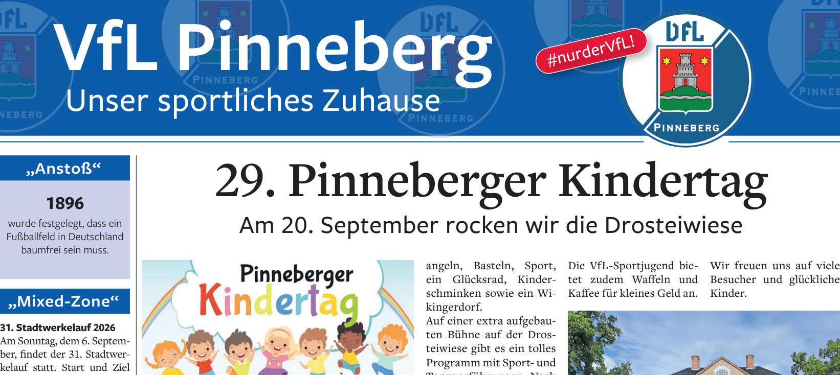 Zeitungsausgabe des VfL Pinneberg mit verschiedenen Artikeln, Terminen und Bildern zu Verein Aktivitäten und Personen.