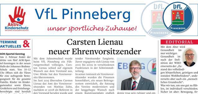 Zeitungsausschnitt des VfL Pinneberg mit Berichten zu Veranstaltungen, Ehrenvorsitzendem und Gesundheitstagen.