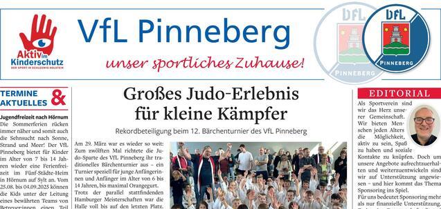 Artikel in einer Vereinszeitung des VfL Pinneberg über Judo-Event und Sportaktivitäten für Kinder.