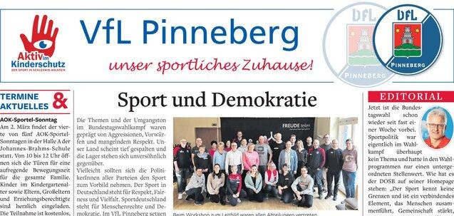 Zeitungsartikel über sportliche Aktivitäten und Veranstaltungen des VfL Pinneberg, einschließlich Workshops und Gesundheitsinitiativen.