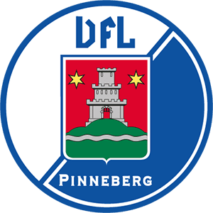 Logo des VFL Pinneberg mit einem stilisierten Wasserturm, zwei Sternen und einem grünen Hügel vor blauem Hintergrund.