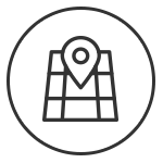 Icon eines Standortsymbols auf einer stilisierten Karte in einem weißen Kreis.