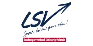 Logo des Landessportverbands Schleswig-Holstein mit dem Slogan „Sport – bei uns ganz oben!“ in blau und rot.