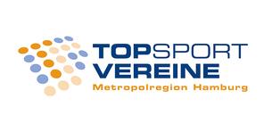 Logo der Initiative „Top Sport Vereine“, Metropolregion Hamburg, mit bunten Punkten und Schriftzug in Blau und Orange.