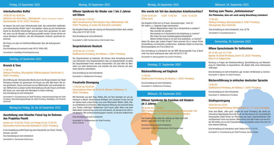 Kalenderblatt mit Veranstaltungen für eine interkulturelle Woche in Pinneberg, inklusive Buffets, Workshops und Beratungsterminen.
