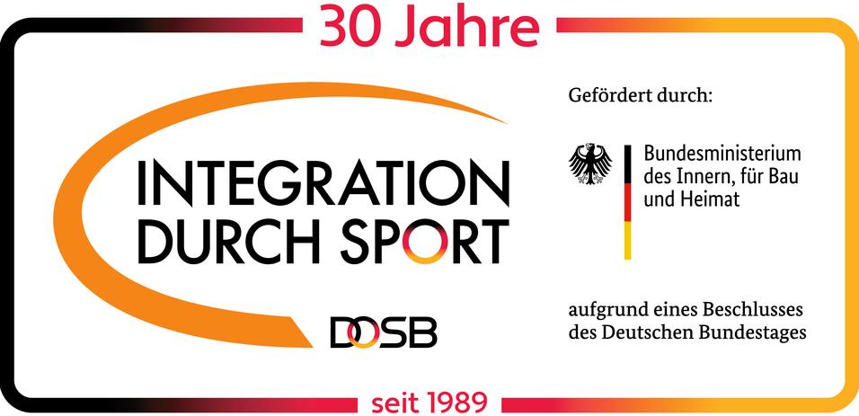 Logo von „Integration durch Sport“ mit Hinweis auf 30 Jahre, gefördert vom Bundesministerium des Innern. Farbige Gestaltung.