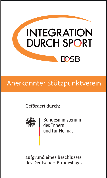 Logo „Integration durch Sport“ mit Info über Förderstelle und Hinweis auf die Anerkennung als Stützpunktverein.