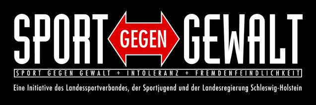 Logo der Initiative "Sport gegen Gewalt", schwarz-weiß mit roten Pfeilen und Text zu Intoleranz und Fremdenfeindlichkeit.