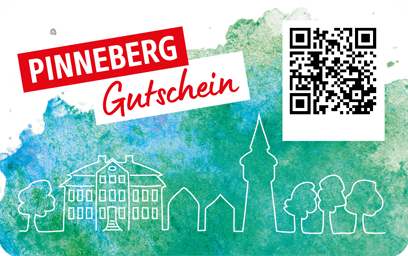 Gutschein für Pinneberg mit QR-Code, umgeben von einer aquarellierten Hintergrundgestaltung in Grün und Blau.