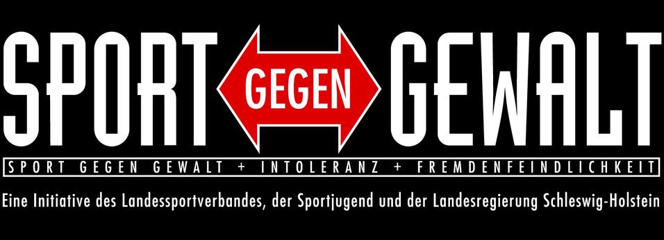 Logo der Initiative "Sport gegen Gewalt", schwarz-weiß mit roten Pfeilen und Text zu Intoleranz und Fremdenfeindlichkeit.