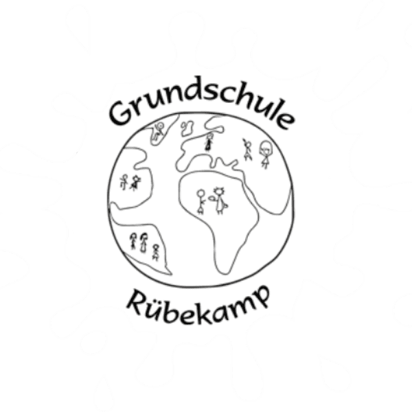 Logo der Grundschule R&uuml;bekamp, abgebildet als Erde mit Strichfiguren und Farbklecks im Hintergrund.