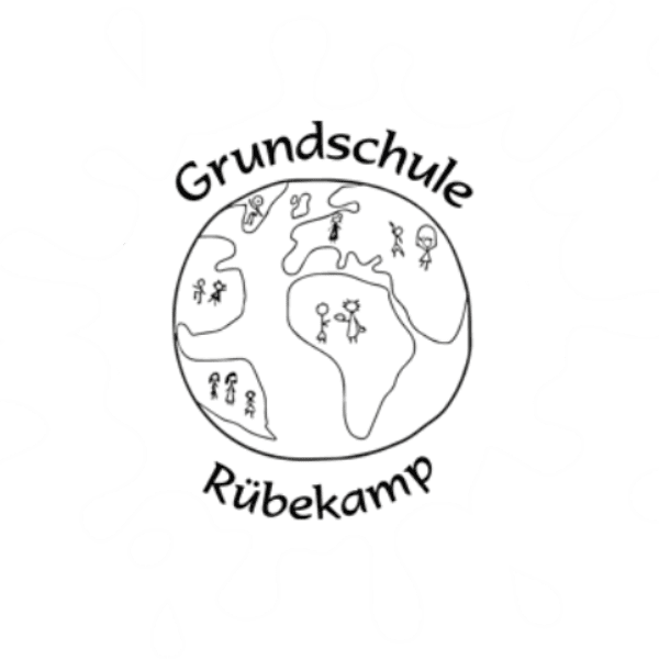 Logo der Grundschule Rübekamp, abgebildet als Erde mit Strichfiguren und Farbklecks im Hintergrund.