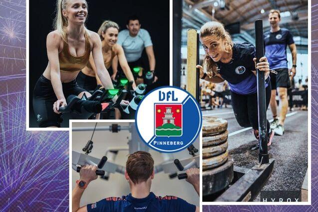 Frau beim Cycling, Mann an Kraftmaschine, Frau beim Schlittenschieben