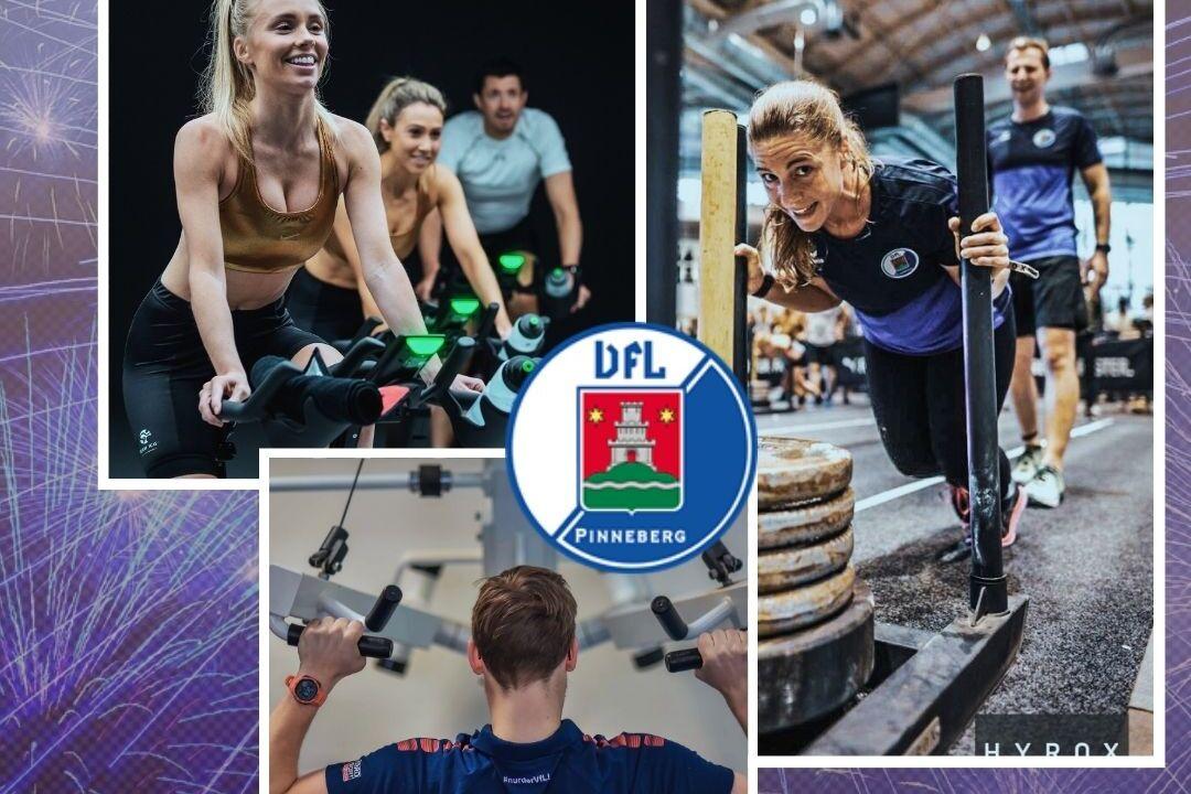 Frau beim Cycling, Mann an Kraftmaschine, Frau beim Schlittenschieben