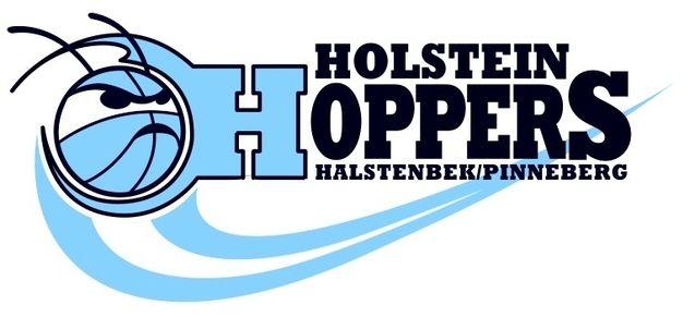 Logo der Holstein Hoppers Halstenbek/Pinneberg, mit einer stylisierten Spielfigur und Basketballsymbol in Blau und Schwarz.