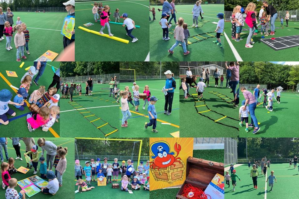 Kinder nehmen an verschiedenen Spielen und Aktivit&auml;ten auf einem Sportplatz mit Kunstrasen teil.