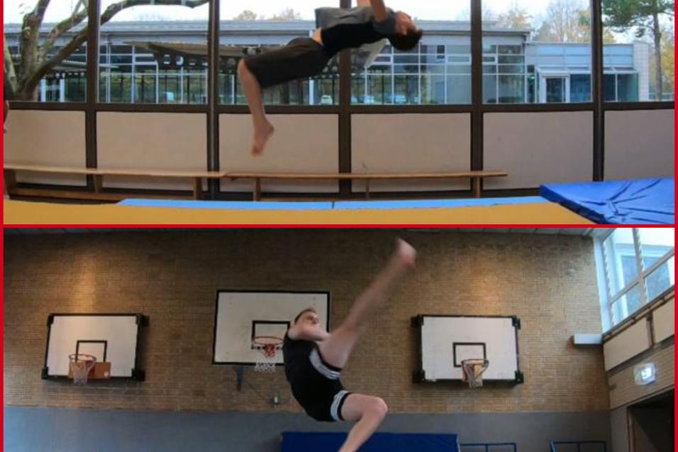 Zwei Aufnahmen von Turnern beim Trampolinspringen in verschiedenen Hallen, einer springt und der andere landet auf einer Matte.