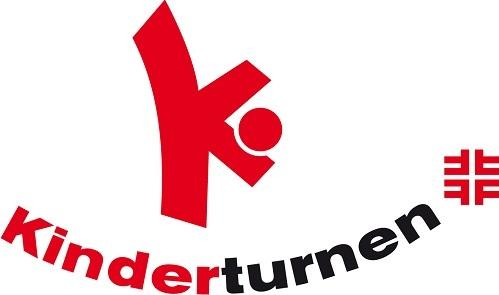 Logo von Kinderturnen mit einem roten stilisierten Turner und dem Schriftzug „Kinderturnen“ in Schwarz.