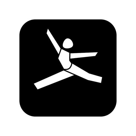 Silhouette eines springenden Menschen auf schwarzem Hintergrund. Die Figur hat ausgestreckte Arme und Beine.