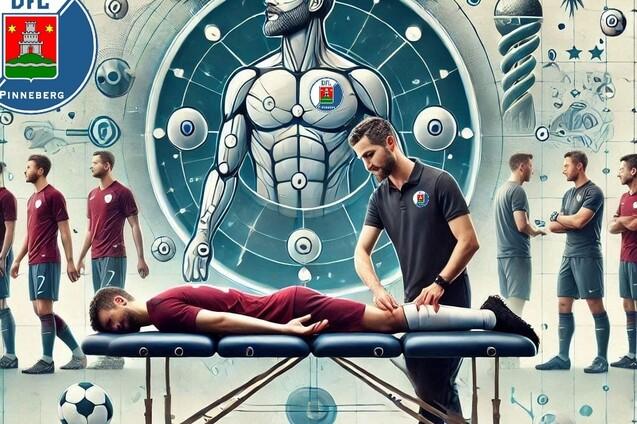 Therapeut behandelt Spieler auf Behandlungsliege, im Hintergrund Vereinslogo und grafische Darstellung eines menschlichen K&ouml;rpers.